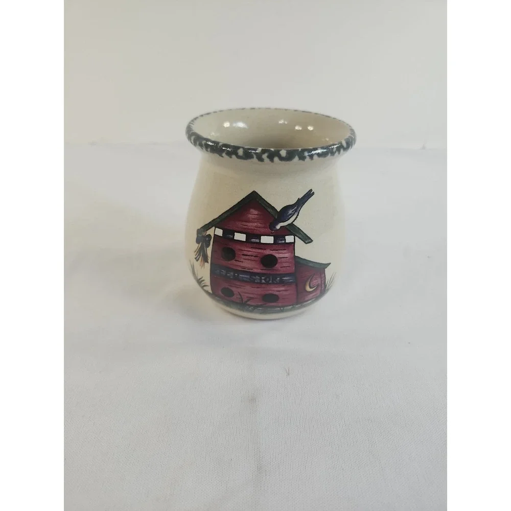 Vintage‎ Home & Garden Party Stoneware Crock Red Birdhouse 1999 Made In The USA